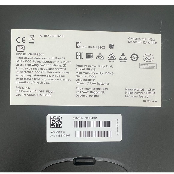 Fitbit FB203 Body Scale Digital Weight Scale White Glass Top - Picture 3 of 5